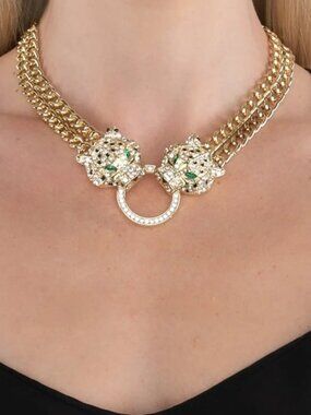 EYE CANDY Mod/Contemporary Double Jaguar Gold Clear/Green Crystal Chain Necklace